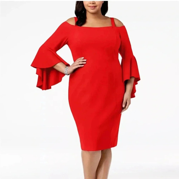 R& M Richard’s Woman Size 16W Red A Line Dress Off Shoulders Bell Sleeves - Picture 1 of 9